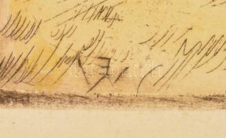 Aszódi Weil Erzsébet(1901-1976): Csónak cipelők. Színezett rézkarc, papír, jelzett a karcon, 18×29  ...