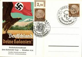 1938 Dresden, Deutschland, deine Kolonien! Reichskolonialbund Drei koloniale Tage. Deutsche Sammlergemeinschaft Kolonial-Briefmarkenschau / NSDAP German Nazi propaganda card. German collectors' colonial stamp expo + So. Stpl