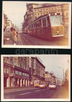 cca 1972 Budapest, villamosok a Rákóczi úton, 2 db vintage fotó, az egyik datált, 8,8x13 cm