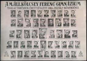 1947 Budapest, M. Áll. Kölcsey Ferenc Gimnázium tanárai és érettségizett tanulói, kistabló nevesített portrékkal, 13,5x19,2 cm