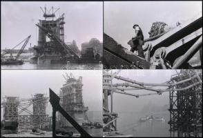 cca 1945 Budapest, a németek által felrobbantott Lánchíd romjainak bontása és a Duna medrének hajózhatóvá tétele, 8 db mai nagyítás korabeli negatívokról, 10x15 cm