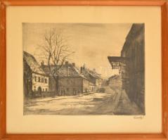 Élesdy István (1912-1987): Falusi utcarészlet. Rézkarc, papír, jelzett, üvegezett keretben, 29×38 cm