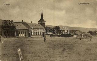 1916 Tövis, Teius; utca, Református templom, Ábrahám Testvérek üzlete / street view, Calvinist church, shop (ragasztónyom / glue marks)