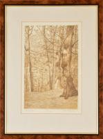 Olvashatatlan jelzéssel: Erdőben. Rézkarc, papír, üvegezett keretben, 28×18,5 cm
