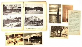 1936 Balatoni nyaralás naplója, beragasztott nyomtatványokkal is, rajzolt térképpel, 10 sztl. lev.+angol nyelvű prospektus és 5 db képeslappal (1943-1948-as bélyegzésekkel.