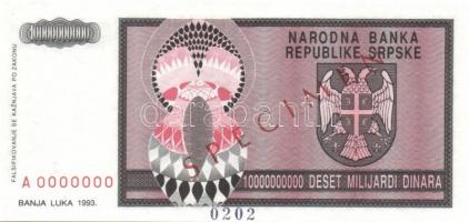 Bosznia Hercegovina/Szerb Köztársaság 1992. 5000D "SPECIMEN-0000" (Minta) + 1993. 10.000.0...