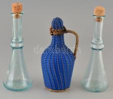 Demizson üveg védővel és dugóval, 2 db palack dugóval, hibátlan, m: 22 cm és, m: 25 cm (2×)