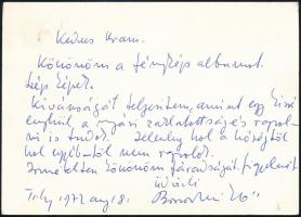 1972 Borsos Miklós (1906 -1990) szobrászművész saját kézzel írt levelezőlapja Arató Pál kirakatrendező iparművésznek Pécsre.