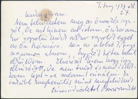 1972 Borsos Miklós (1906 -1990) szobrászművész saját kézzel írt levelezőlapja Arató Pál kirakatrendező iparművésznek Pécsre.