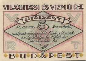 Budapest 1920. "Világítási és Vízmű Rt." 1K, 2K, 5K, 3klf db T:I,I-