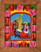 Jelzés nélkül: Krisztus születése. Erdélyi festett üveg ikon, fa keretben, 38,5×25,5 cm