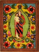 Jelzés nélkül: Mária a kis Jézussal. Erdélyi festett üveg ikon, fa keretben, 38,5×25,5 cm