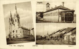 Ditró, Gyergyóditró, Ditrau; paplak, Római katolikus templom, Piac tér, Székely kapu / rectory, church, market square, gate