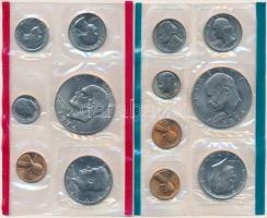 Amerikai Egyesült Államok 1974. 1c-1$ (6db, 5xklf) + 1974D 1c-1$ (6xklf) forgalmi sorok fóliatokban tanúsítvánnyal T:1, 1- patina, ph.  USA 1974. 1 Cent - 1 Dollar (6pcs, 5xdiff) + 1974D 1 Cent - 1 Dollar (6xdiff) coin sets in foil packing with certificate C:UNC, AU patina, edge error