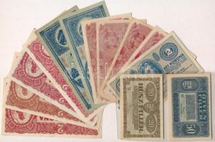 1914-1920. 13db-os vegyes korona bankjegy tétel, közte 1914. 2K C sorszámjel, 1916. 1K sorozatszám 7000 felett (2x) T:II,III