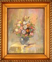 Kurlander István (?-?): Virágcsendélet. Olaj, karton, jelzett, üvegezett keretben, 30×24,5 cm