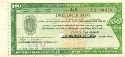 NSZK 1973. 100DM utazási csekk "Magyar Külkereskedelmi Bank" által kiállítva (10x) egymásu...