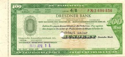 NSZK 1973. 100DM utazási csekk "Magyar Külkereskedelmi Bank" által kiállítva (10x) egymásu...