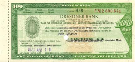 NSZK 1973. 100DM utazási csekk "Magyar Külkereskedelmi Bank" által kiállítva (10x) egymásu...