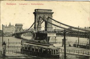 1910 Budapest, Lánchíd, Közlekedés Vámház felé gőzössel, villamos. Taussig A. (EK)