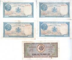 Románia 1944-1945. 5000L (4x) + 1947. 100.000L T:III,III-, foltos, lyukas Romania 1944-1945. 5000 Lei (4x) + 1947. 100.000 Lei C:F,VG stained, holes