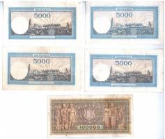 Románia 1944-1945. 5000L (4x) + 1947. 100.000L T:III,III-, foltos, lyukas
Romania 1944-1945. 5000 L...