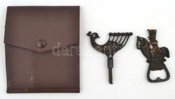 Iparművész bor és sörnyitó, bor nyitó törött, műbőr tokban, m:8 cm