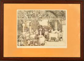 Rékassy Csaba (1937-1989): Pálinkafőző. Rézkarc (PH), papír, jelzett, üvegezett keretben, 27×36  cm