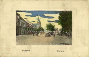 1911 Komárom, Komárno; Nádor utca, üzletek, piaci árusok. W. L. Bp. 5515. / street view, market vendors, shops (szakadás / tear)