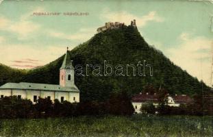 Vágváralja, Vág-Pohrágy, Povazské Podhradie (Vágbeszterce, Povazská Bystrica); vár, templom, kastély a Vágvölgyben. W. L. Bp. 306. Kiadja Löwy Fülöp / Das Waagthal, Burg Podragy / Váh Valley, castle, church / Povazie, Povazsky hrad (kis szakadások / small tears)