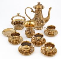 Arany színű kerámia teás hiányos készlet és váza, kosárka, összesen: 14 db, néhányon lepattanással