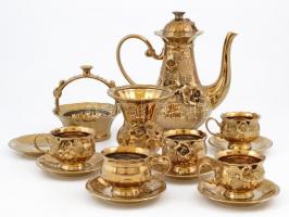 Arany színű kerámia teás hiányos készlet és váza, kosárka, összesen: 14 db, néhányon lepattanással