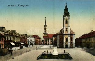 1915 Losonc, Lucenec; Kubinyi tér, Református templom, Katolikus templom, üzletek / square, Calvinist church, Catholic church, shops