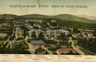 1908 Szliács, Sliac; Gyógyfürdő és környéke. Pannonia, Otthon, Hungaria, Fürdőház, Buda, Bellevue, Bristol, Újpest, Huszka vendéglő, Amália, Strauss, Dankovsky kávéház és étterem, Pest és Pestszárny szálloda, Izraelita (zsidó) vendéglő, Üdvözlégy, Üvegház kertész lak / spa, hotels, Jewish restaurant, greenhouse, café (fl)