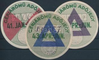 1941-1943 3 klf. kitöltött Közúti adójegy adóhivatali bélyegzéssel (48.000)
