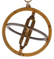 cca 1750 Merdián gyűrű. Időmérő és csillagászati műszer. Cristoff Schener Augsp. jelzéssel. A mozgatható réz gyűrűkön városnevekkel, égövi jegyekkel és óra beosztással. / 18th Century German brass equinoctial ring dial from Augsburg, d:6,4 cm
