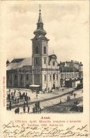 1902 Arad, Az 1751-ben épült Minorita templom a lebontás havában 1902. június hó, városi vasút. Kerpel Izsó kiadása / church, urban railway