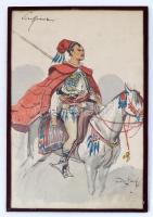 Franz Gaul (1837-1906): Balkáni lovas. Akvarell, papír. Jelzett. 31x21 cm Üveglap mögött.