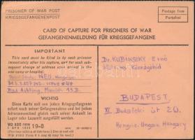 1946 Hadifogoly kártya Bad Aiblingből Budapestre, német és angol nyelven.