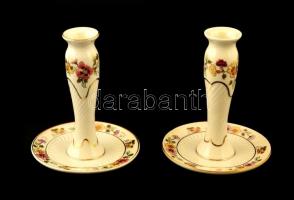 Zsolnay virágmintás porcelán gyertya tartó pár, kézzel festett, jelzett, hibátlan, m: 15 cm