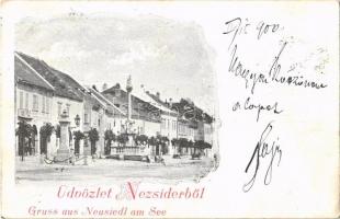1900 Nezsider, Neusiedl am See; Fő utca, Szentháromság szobor / Hauptstrasse, Dreifaltigkeitsstatue / main street, Trinity statue (EK)
