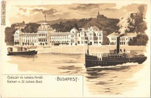 Budapest II. Császár és Lukács fürdő, gőzhajó a Dunán. litho  (fa)