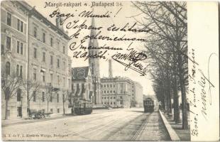 1904 Budapest I. Margit rakpart (Bem rakpart), Szilágyi Dezső téri református templom, villamosok