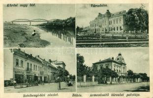 1935 Békés, Körös nagy híd, Városháza, Széchenyi tér, könyv-papír üzlet, Ármentesítő társulat palotája