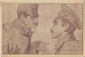 Mit veszekedjünk?, I. világháborús magyar és orosz katona / WWI Hungarian and Russian soldier, peace propaganda s: Lázár Oszkár (14,3 cm x 9,6 cm) (EK)