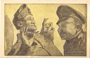 "Ilyen finom a béke", I. világháborús magyar és orosz katona / WWI Hungarian and Russian soldier, peace propaganda s: Lázár Oszkár (14,6 cm x 9,5 cm) (kis szakadás / small tear)