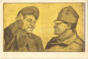 "Itt a béke!", I. világháborús magyar és orosz katona / WWI Hungarian and Russian soldier, peace propaganda s: Lázár Oszkár (14,6 cm x 9,7 cm)