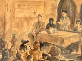 Hincz jelzéssel: Taggyűlés. Akvarell, papír, üvegezett keretben, 23×40 cm