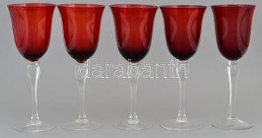 Bordó boros poharak (5 db), színtelen talp résszel, hibátlan, m: 22 cm (5×)