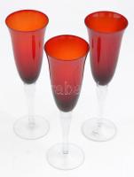 Bordó pezsgős poharak (3 db), színtelen talp résszel, hibátlan, m: 24 cm (3×)